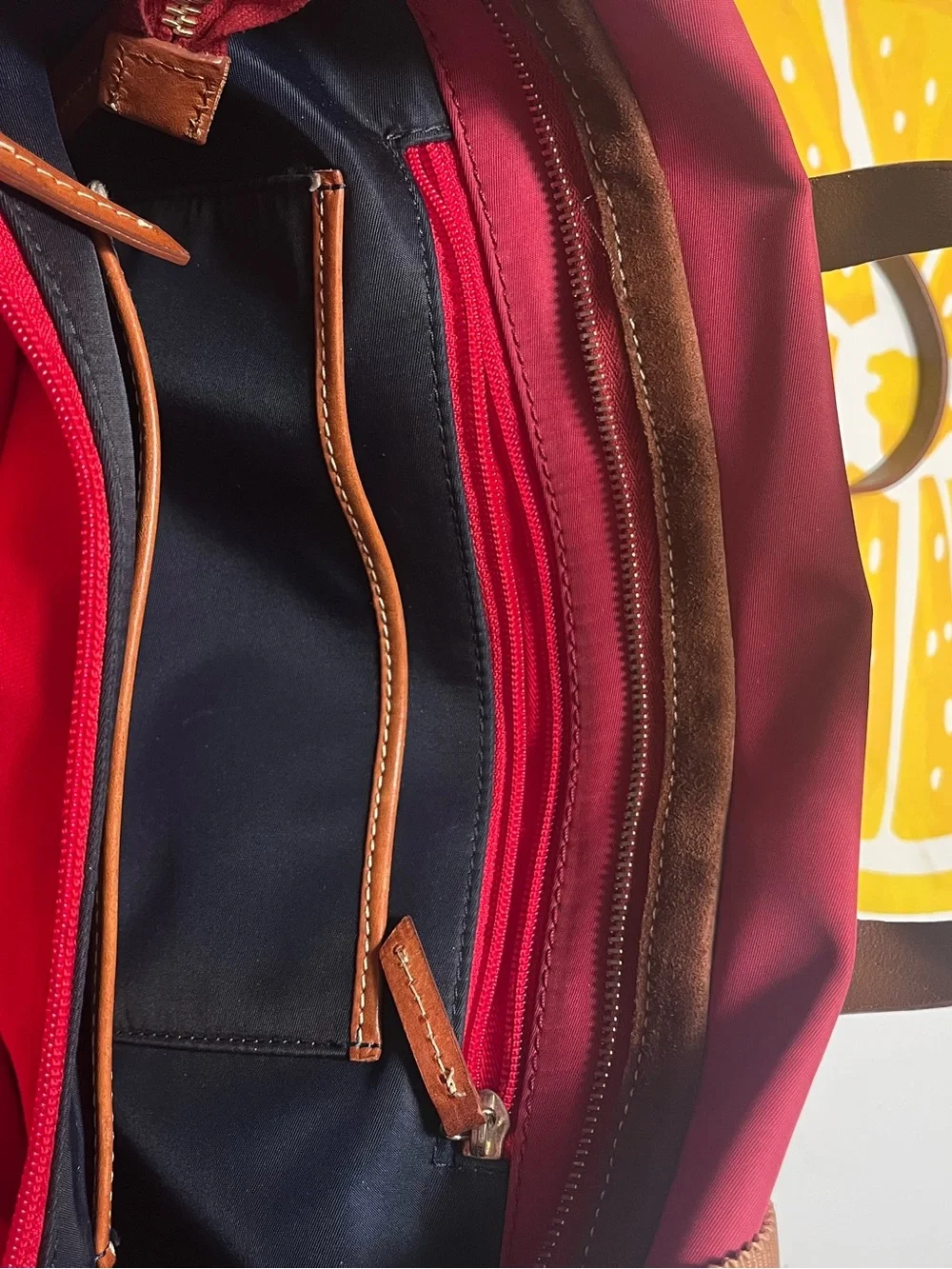 Dooney & Bourke Crimson Red Nylon Tote with Cognac Leather Trim